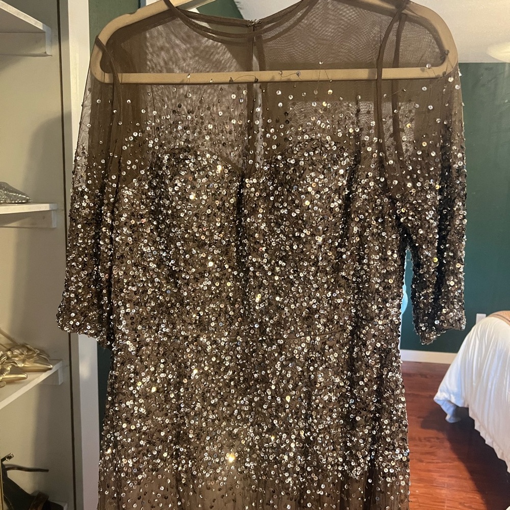 Adrianna Papell Silver Sequin Maxi Gown with Scoop Neck - Picture 4 of 8